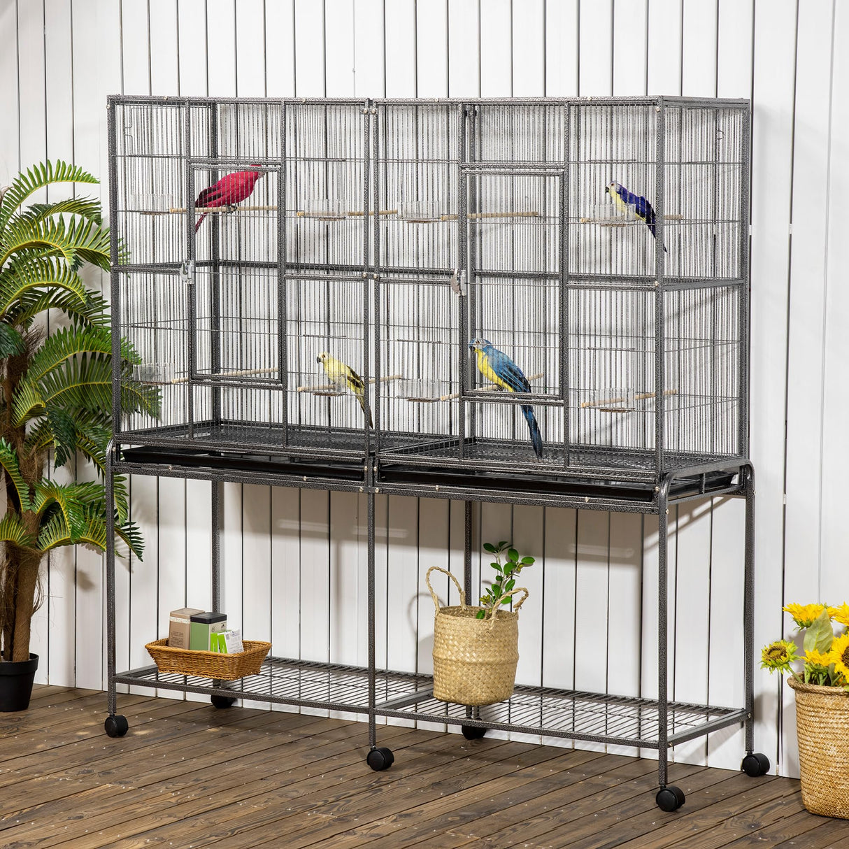 PawHut 65" Double Rolling Metal Bird Cage with Divider, Large Parrot Cage for Parakeet, Canaries, Lovebirds, Budgie, Finch, with Detachable Rolling Stand, Storage Shelf, Wood Perch & Food Container