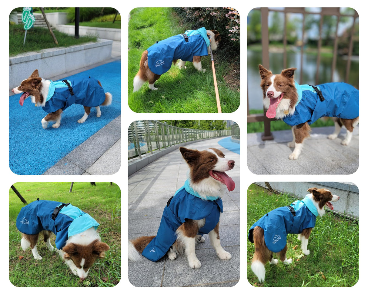 Vilichi Dog Raincoat, Waterproof Jacket, Windproof & Lightweight Outdoor Rain Coat, Body Coverage Poncho,with Storage Bag, Blue, for Medium Breed (Large)