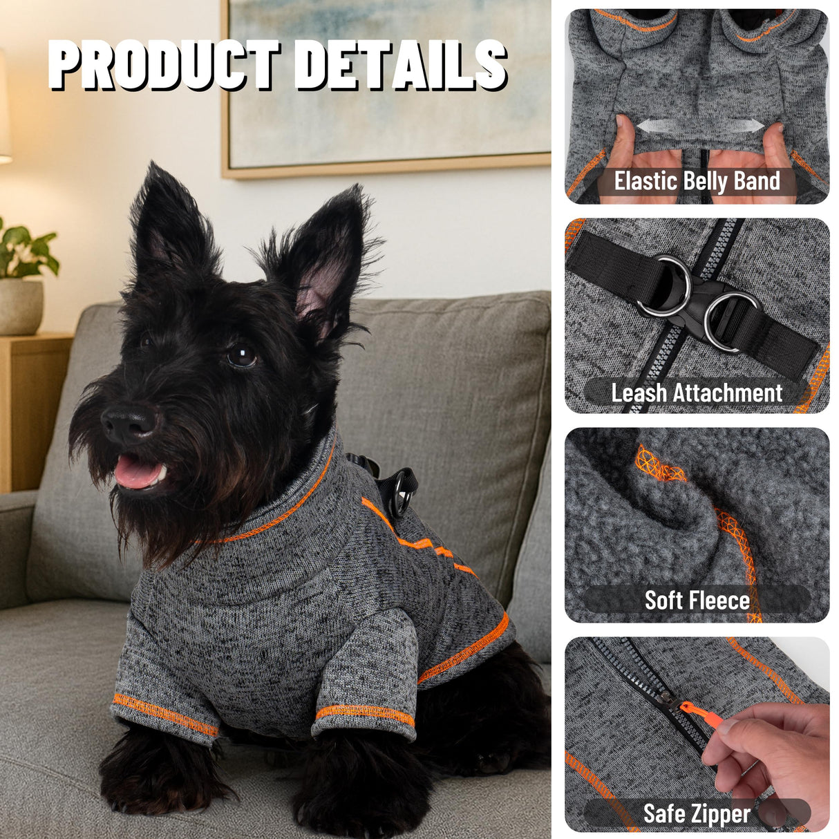 Vitiswap Reflective Dog Jacket, Warm Dog Fleece Sweater Zip Up Sweaters for Small Dogs Clothes Boy Cold Weather Coats with D-Ring for Leash, Grey Large