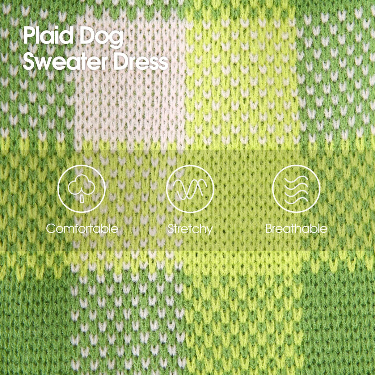 Dog Sweater Dress Plaid Knitwear for Small Medium Dogs Warm Puppy Pet Turtleneck Stretch Pullover Cute Fall Winter Vest Clothes with Leash Hole for Christmas (Green, L)