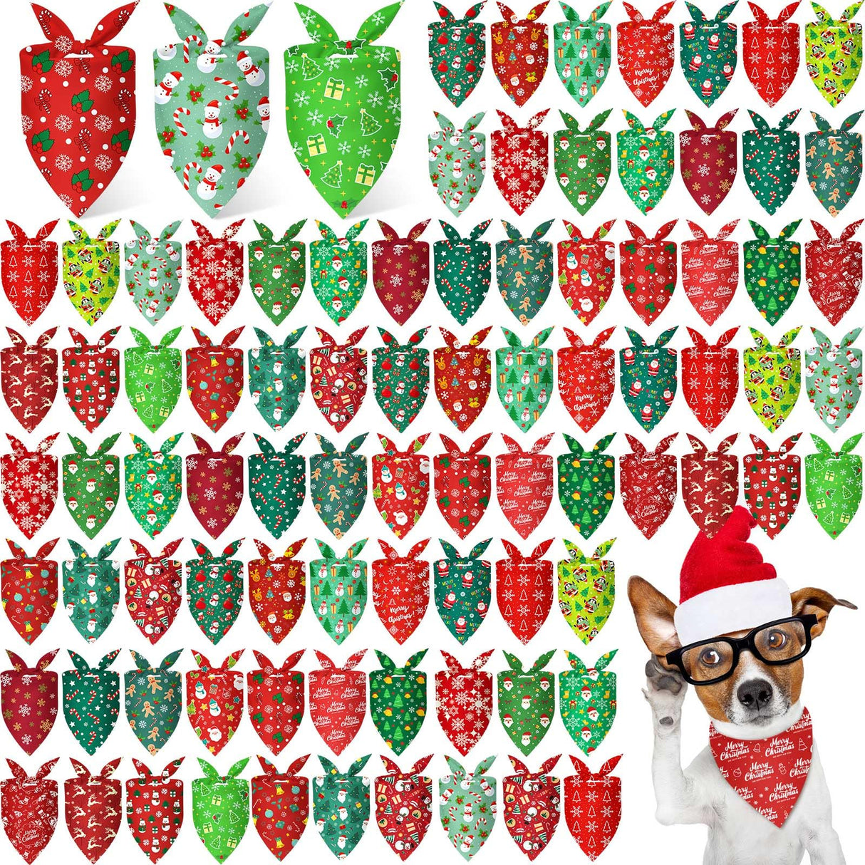 Jeere 100 Pcs Christmas Dog Bandanas Bulk Xmas Red and Green Bandanas for Dogs Triangle Kerchief Bibs Scarf Set for Pet Christmas Costume Photo Props Accessories Pet Shops Groomers Owners, 25 Styles