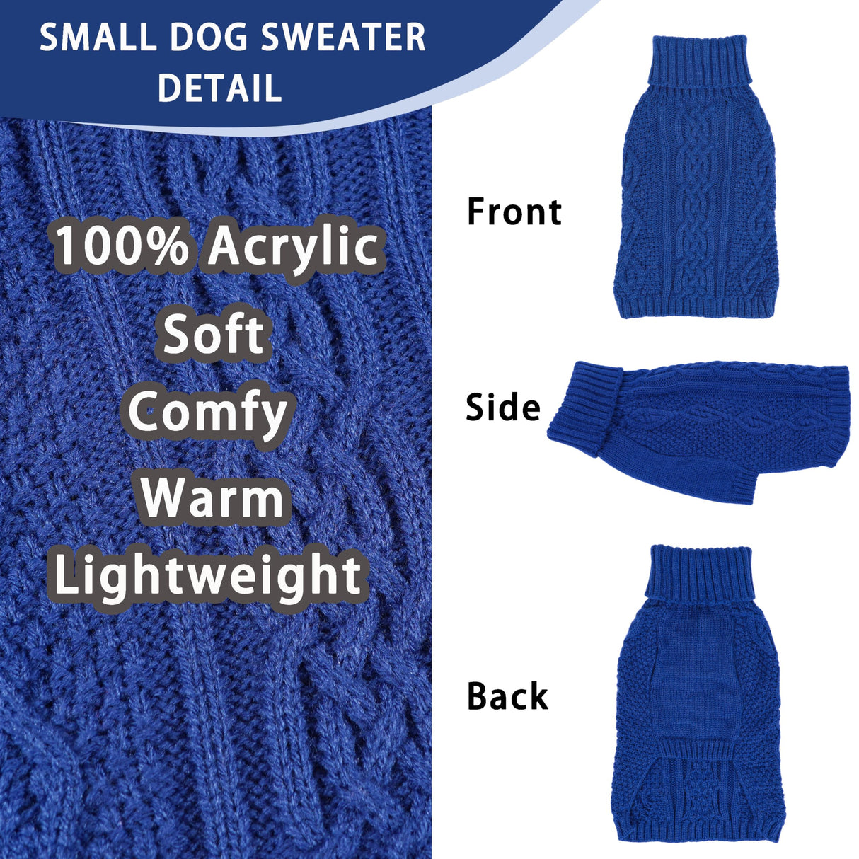 Dog Sweaters Small Dog Clothes Winter Turtleneck Puppy Sweater Warm Pet Cat Sweater Doggy Pullover Outfit with Twisted Design XS~XL(Navy Blue, X-Large)