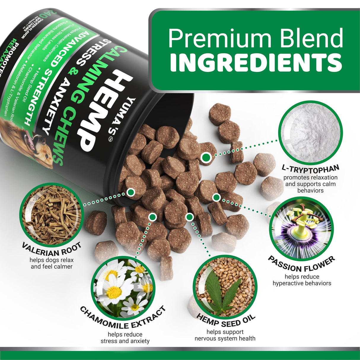 Hemp Calming Chews for Dogs - 240 Treats - Advanced Dog Calming Chews - Anxiety Relief Supplement Treats with Melatonin - Sleep Aid for Separation, Barking, Stress, Hip and Joint Support Made in USA