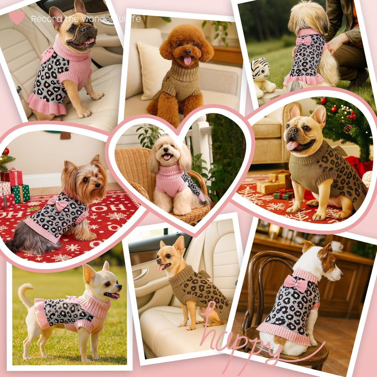 YUDODO Small Dog Sweater with Bowtie Turtleneck Leopard Knitted Pet Girl Dog Winter Clothes Warm Sweater for Yorkies Chihuahua with Leash Hole (S, Pink Leopard)