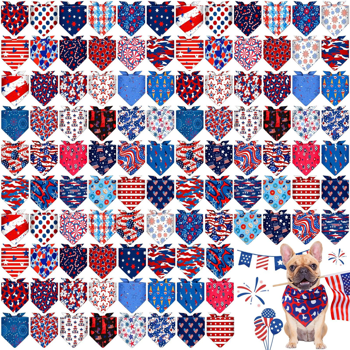 Shyyween 108 Pcs 4th of July Dog Bandanas Bulk Patriotic Bandanas for Dog Independence Day Pet Scarf Bibs Soft Triangle Flag Neckerchief Adjustable Washable Holiday Scarf for Pet Costume Accessories