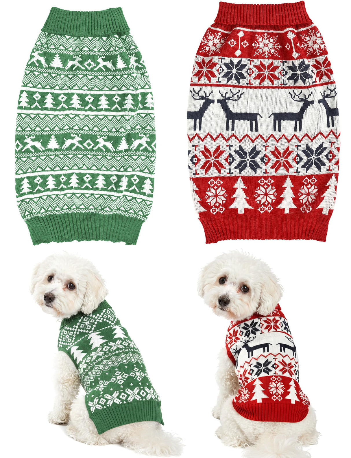 2PCS Dog Christmas Sweater, Soft Warm Pet Clothes Coat for Small Medium Large Dogs and Cats Boy Girl, Fall Cozy Holiday Turtleneck Knitting Collar Pullover Pup Outfit Costume for Thanksgiving New Year