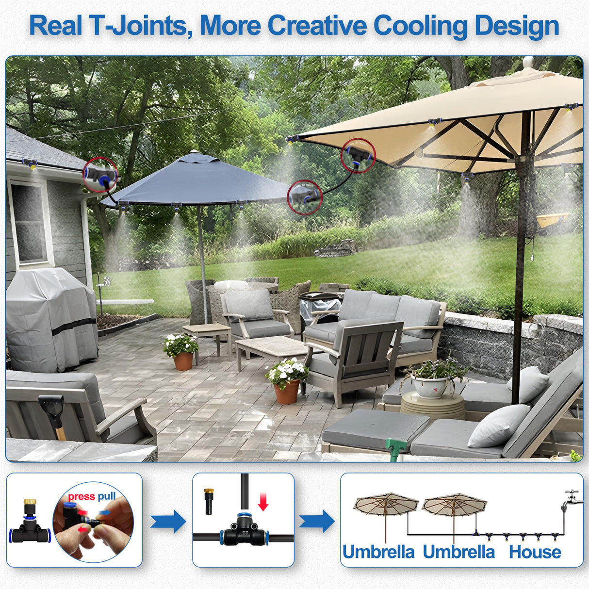 Misters for Outside Patio, 50FT|15M Outdoor Water Misting Cooling System. Backyard Mist Kit for Garden Greenhouse Fan Deck Umbrella Canopy Pool Porch Trampoline Sprinkler Park BBQ Party Accessories