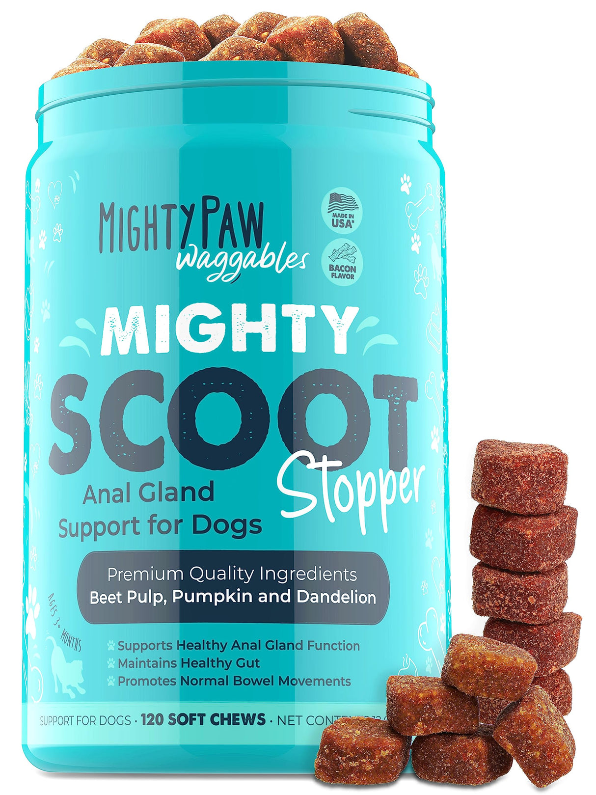 Mighty Paw Waggables Mighty Scoot (Made in USA) | Dog Digestive Support Anal Gland Chews. Anal Gland Scoot for Dogs. Beet Pulp & Pumpkin Fiber Supplements. Pet Bowel Gut Health (120 Count)