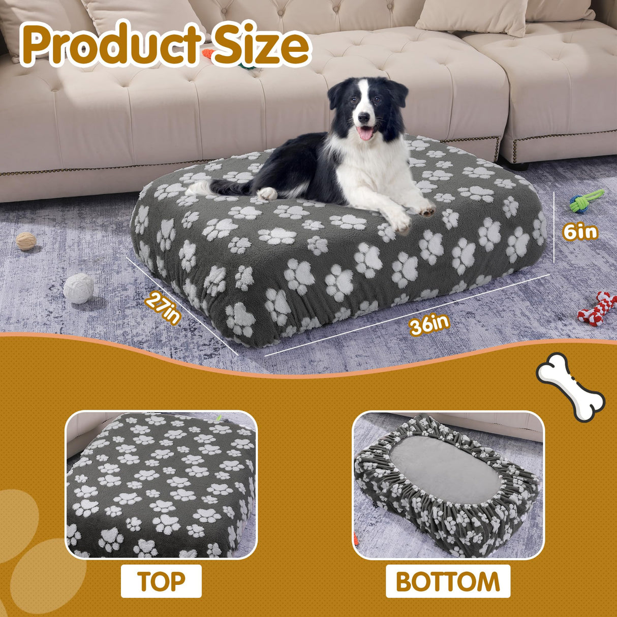 BALAPET Washable Dog Bed Cover 100% Waterproof, Soft Plush Velvet Dog Bed Covers Replacement Only, Fitted Reusable Cover for Pet Mat Bed(Dark Gray,36x27x6in)