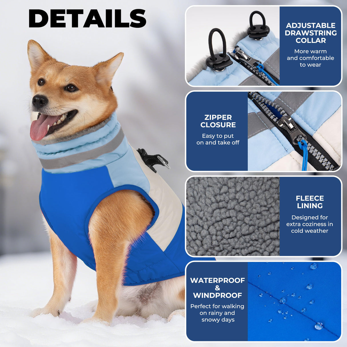 Vitiswap Dog Coats for Medium Dogs, Waterproof Dog Winter Jacket with Harness Built in, Cold Weather Coats, Reflective Zip-up Pet Vest, Warm Fleece Lined Dogs Snowsuit, Blue X-Large
