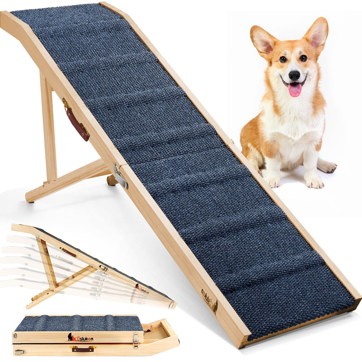 Dog Ramp for Bed, L63 W17 Foldable Pet Ramp for Small Large Dogs Cats, Dog Ramps for High Beds Car, High Traction with Platform 6 Adjustable Heights 24" to 30" Up to 220LBS, Wood (Wood, 63"X 17")