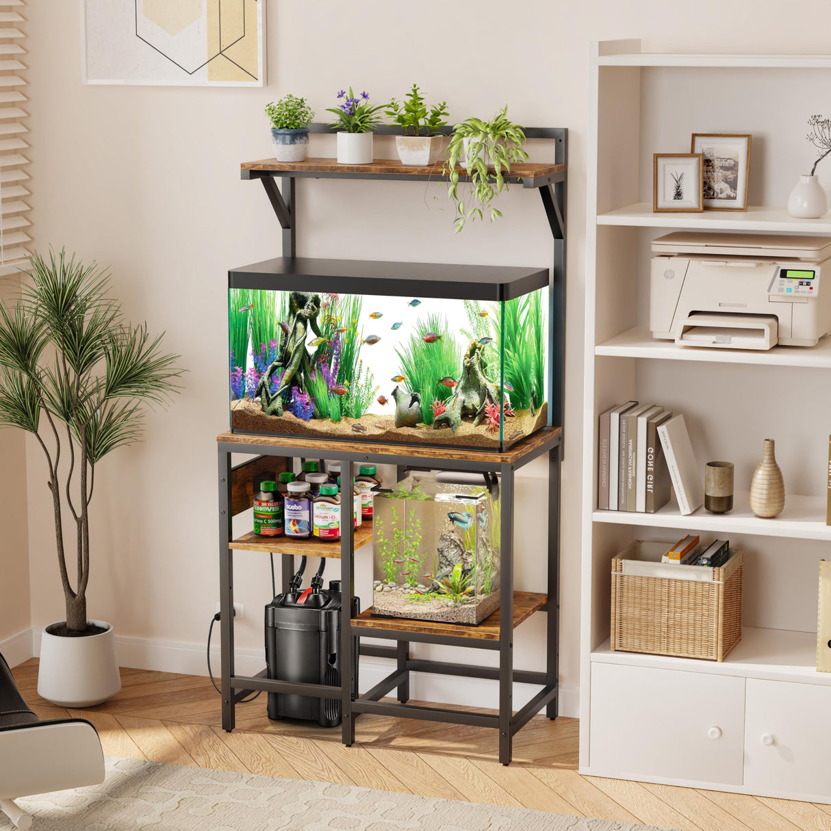 20-29 Gallon Fish Tank Stand, Aquarium Stand with Power Outlet, Heavy-Duty Reptile Terrarium Stand Table with 6-Leg Support and 4-Tier Adjustable Storage Shelves