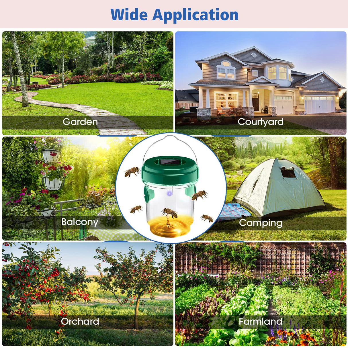 6 Pack Wasp Traps Outdoor Hanging Solar Wasp Killer Reusable Bees Trap with UV LED Light Solar Powered Hornet Trap for Indoor Outdoor Patio Garden Home with Snap Hooks and String (Green)