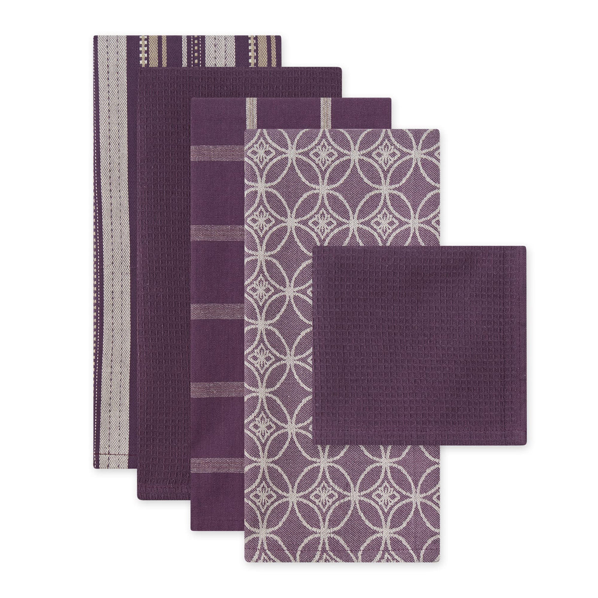 Assorted Woven Kitchen Set, Dishtowel, 18x28, Dishcloth, 13x13, Eggplant, 5 Piece
