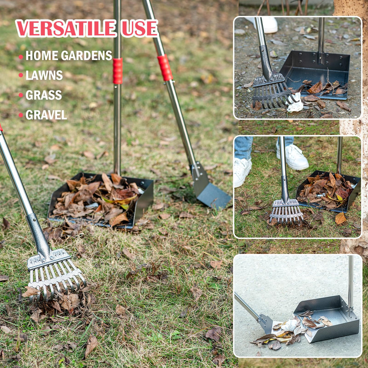 FUSBUNTY Dog Pooper Scooper Set, Pooper Scooper for Dog, Heavy Duty Stainless Steel Rake with Extra Large Tray & Spade No Bending Clean Up for Pet Waste Removal, for Grass, Dirt Or Gravel.