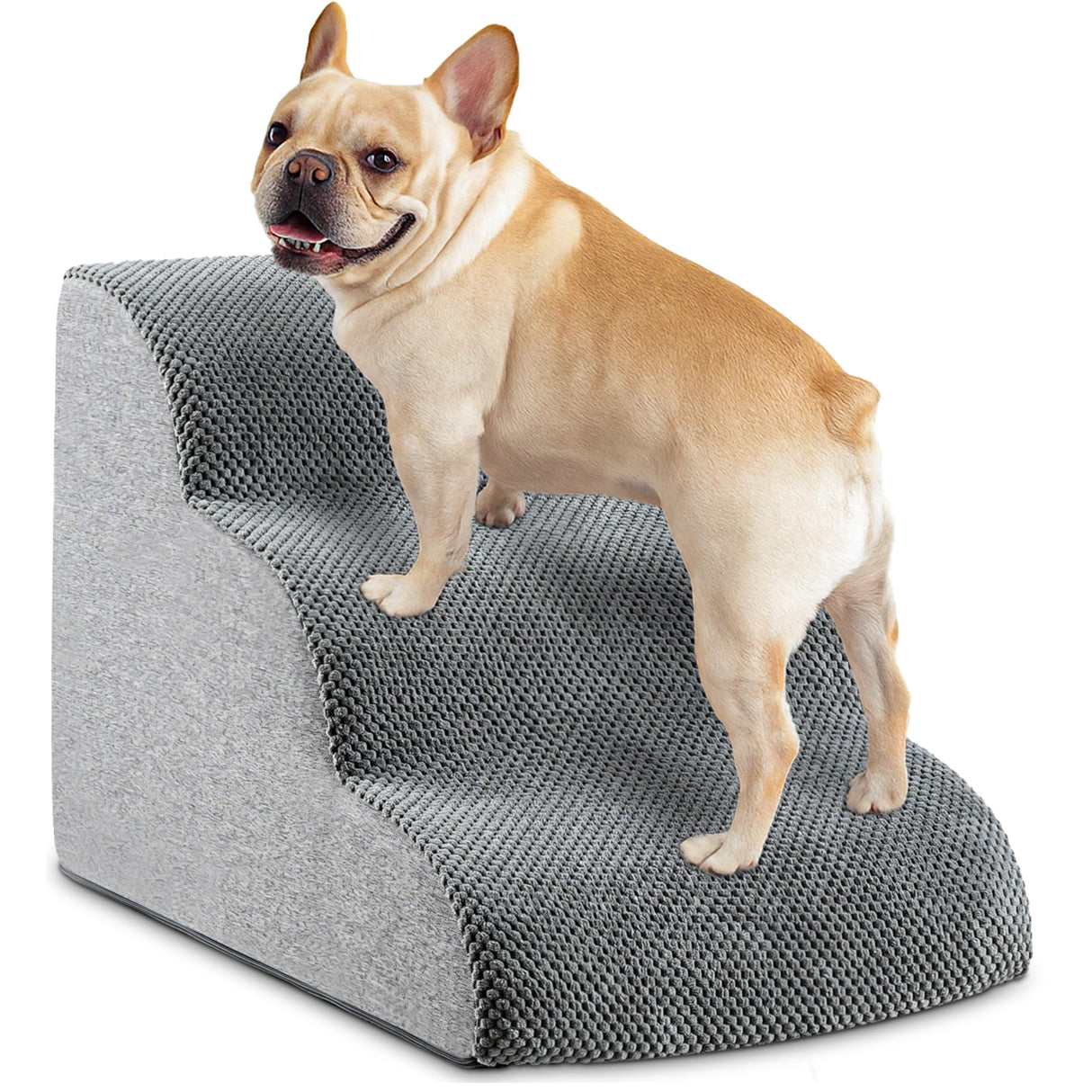 Dog Stairs, 15.7” H – 3-Step Foam Ramp for Small Dogs & Cats, Waterproof Washable Cover, Non-Slip Base, Lightweight Pet Ladder for Couch or Bed (Grey)