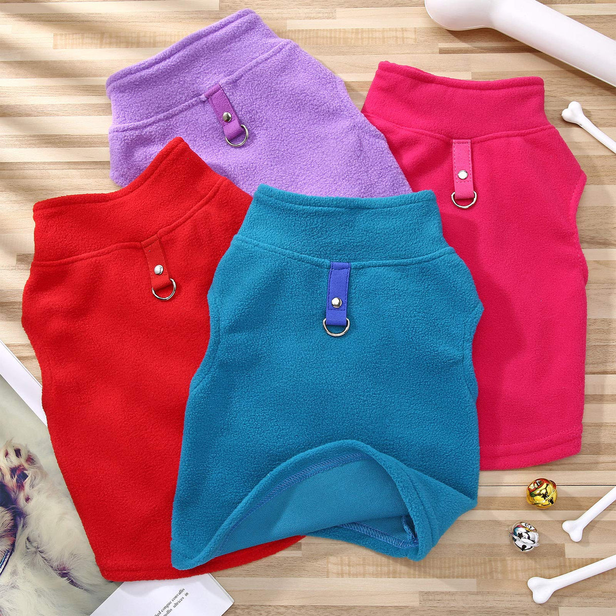 SATINIOR 4 Pieces Stretch Fleece Dog Sweater Polyester Warmer Vest Pullover Jacket with D-Ring Leash Cold Weather Coat Hoodie for Small and Medium Dogs(L,Purple, Blue, Rose, Red)