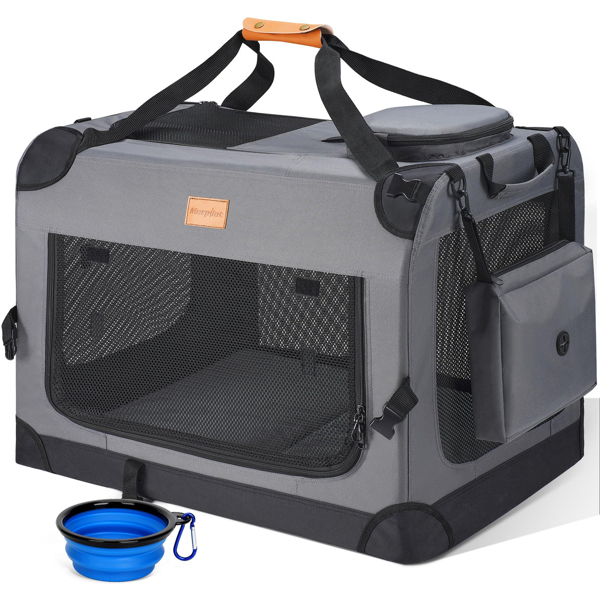 Morpilot 32-inch Portable Collapsible Dog Crate: Travel Dog Crate Soft-Sided for Medium Large Dogs up to 70lbs, with Foldable Bowl, Shoulder Strap & Storage Pockets, Grey