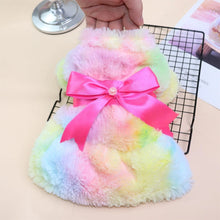 Load image into Gallery viewer, Winter Autumn Pet Warm Fashion Color Skirt Fleece Warm Rainbow Candy Color Cute Plush Skirt Leopard Print Bow Dog Clothes Dress