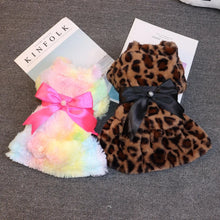 Load image into Gallery viewer, Winter Autumn Pet Warm Fashion Color Skirt Fleece Warm Rainbow Candy Color Cute Plush Skirt Leopard Print Bow Dog Clothes Dress