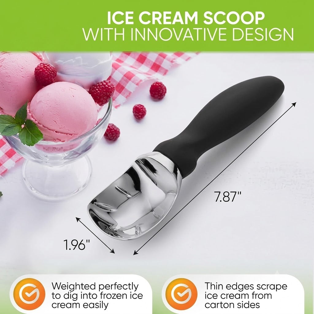 Heavy Duty Ice Cream Scoop with Comfortable Handle - Professional Ice Cream Scooper for Gelato, Sorbet, Cookie Dough, Melon, Frozen Yogurt - Dishwasher Safe Metal Kitchen Tool - Black