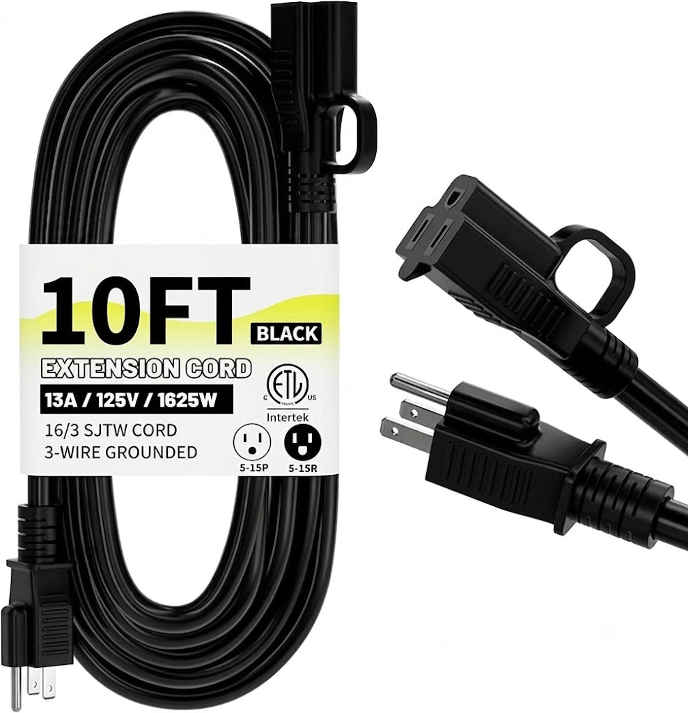 16/3 Black Indoor Outdoor Extension Cord 10 Ft Waterproof, Extension Cord with 3 Prong Grounded Plug,13A 1625W 16AWG SJTW, Flexible Weatherproof Power Cable for Offices, Gardens and Lawns