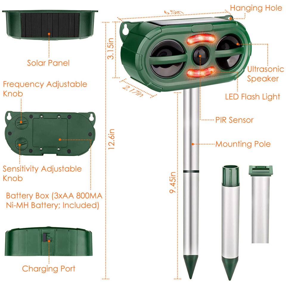 Solar Ultrasonic Animal Repeller Sensor Deer Raccoon Squirrel Garden Repellent