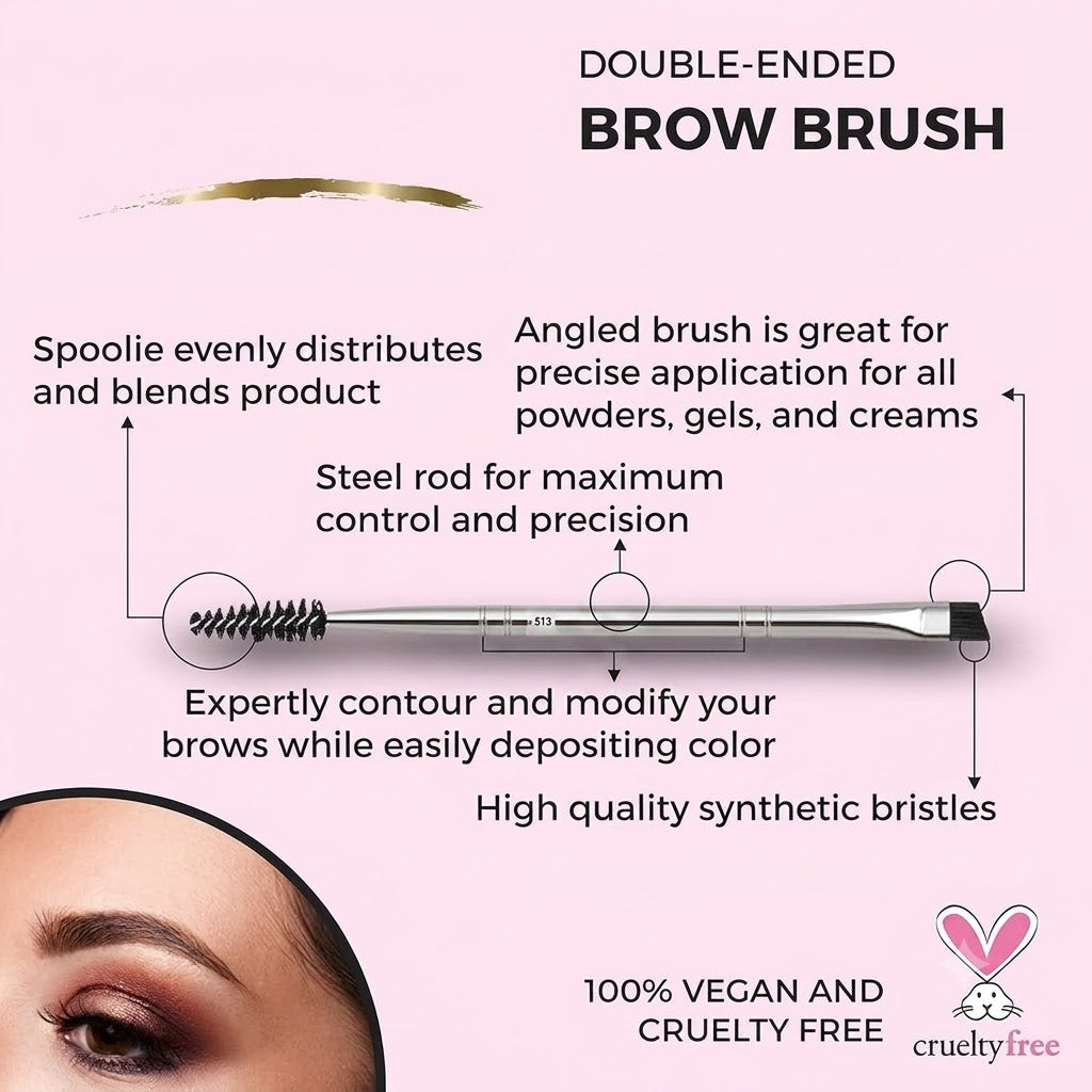 Pro Series Double Ended Eyebrow Brush & Spoolie - Angled Brow Brush for Precision Application & Blending of Eye Brow Powders, Waxes & Gels - Vegan & Cruelty Free