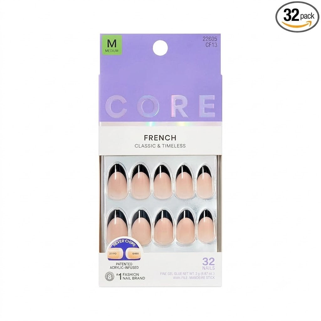 Core, Press On Nails, Nail glue included, 'Full of Fun', Black, Medium Size, Almond Shape, Includes 32 Nails, 2g Glue, 1 Manicure Stick, 1 Mini File