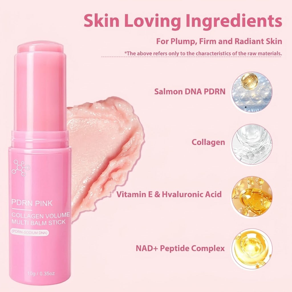 2PCS PDRN Pink Collagen Volume Multi Balm Stick - Hydrating Balm Eye Cream Make Up Base & Moisture Stick, Collagen Wrinkle Stick Face & Body Balm for Neck, Forehead, Smile Lines, Lips