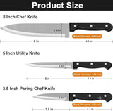 Kitchen Knife, 3-Pcs Knife Set, 8 Inch Chef Knife, 5 Inch Utility Knife, 3.5 Inch Paring Knife, Ultra Sharp Chef's Knives in High Carbon Stainless Steel, Ideal for Cooking, Chopping, Slicing and BBQ