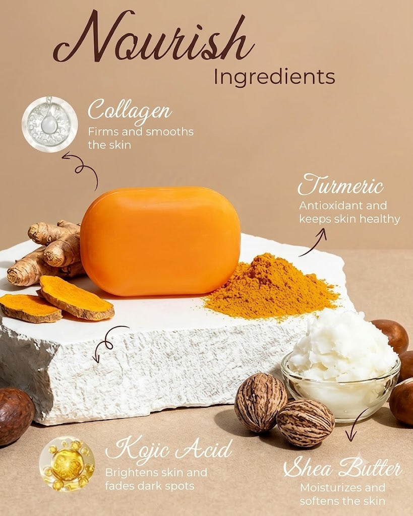 Kojic Acid Soap, Brightening & Hydrating Turmeric Soap Bar for Dark Spots with Vitamin C and Shea Butter, Paraben & Sulfate-Free - 105g x 2 Bars with African Net Sponge