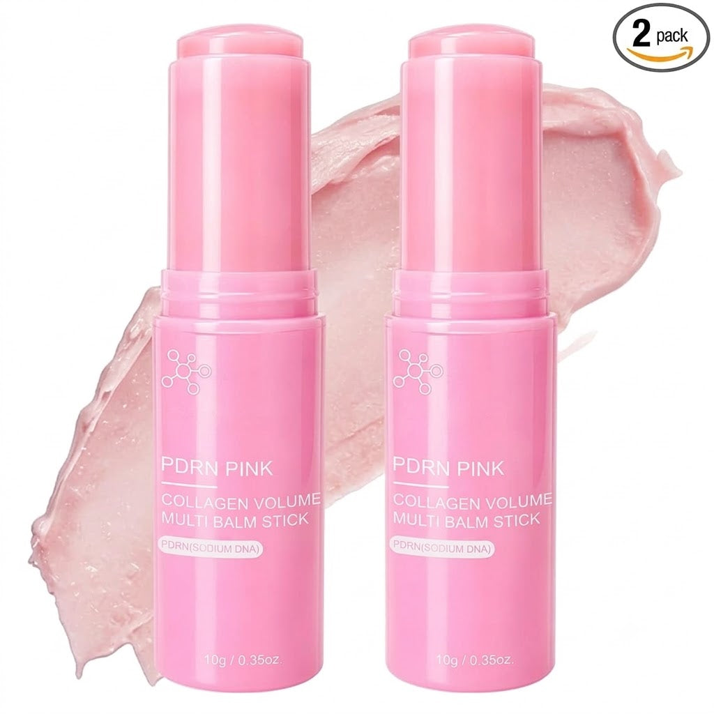2PCS PDRN Pink Collagen Volume Multi Balm Stick - Hydrating Balm Eye Cream Make Up Base & Moisture Stick, Collagen Wrinkle Stick Face & Body Balm for Neck, Forehead, Smile Lines, Lips