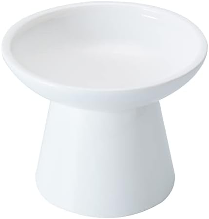 Extra Wide Elevated Ceramic Cat Bowl - 6.2" Shallow Dish for Whisker Fatigue Relief, 5" Height for Easy Feeding, Lead & Cadmium Free, Durable Raised Cat Food Bowls, White