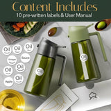 16oz/470ml Light-Blocking Dark Oil Sprayer for Cooking, 2 in 1 Olive Oil Dispenser Bottle for Kitchen, Premium Dark Green Glass Oil Bottle, Food-Grade Oil Mister for Air Fryer, BBQ (Black)