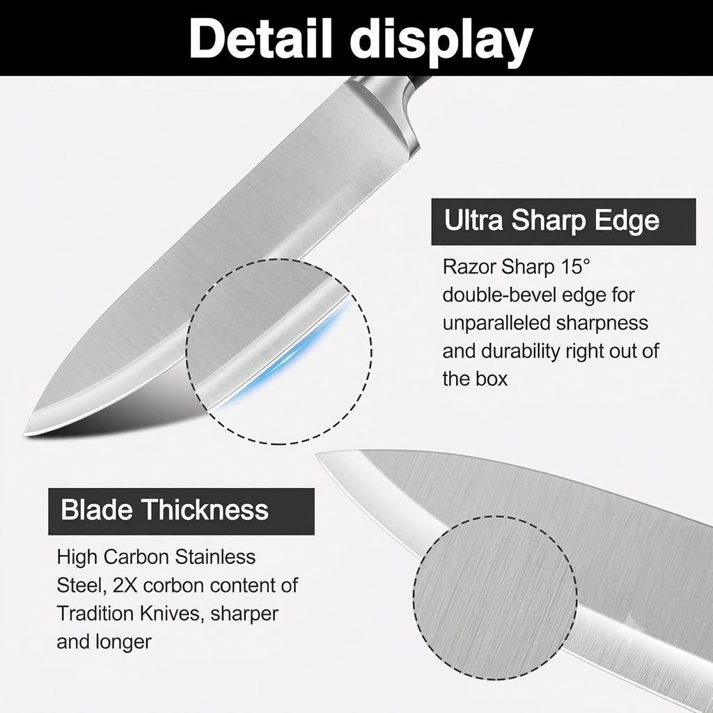 Kitchen Knife, 3-Pcs Knife Set, 8 Inch Chef Knife, 5 Inch Utility Knife, 3.5 Inch Paring Knife, Ultra Sharp Chef's Knives in High Carbon Stainless Steel, Ideal for Cooking, Chopping, Slicing and BBQ