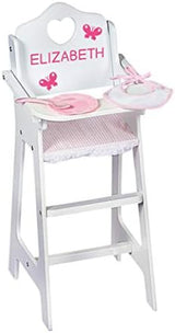 Badger Basket Wooden Doll High Chair with Feeding Tray, Bib, Personalization Kit, and Accessories - Fits 18-Inch Dolls, White with Pink Gingham Seat for Pretend Play