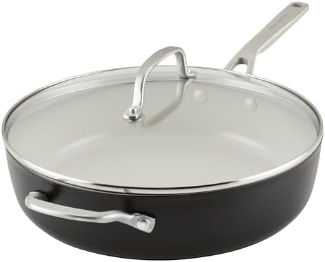 KitchenAid Hard Anodized Ceramic 5-Quart Nonstick Sauté Pan with Shatter-Resistant Lid & Riveted Handle – Durable, Even Heating, Easy Clean, Oven Safe to 500°F, Matte Black