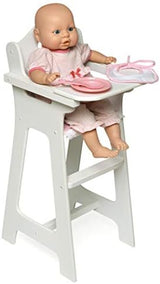 Badger Basket Wooden Doll High Chair with Feeding Tray, Bib, Personalization Kit, and Accessories - Fits 18-Inch Dolls, White with Pink Gingham Seat for Pretend Play