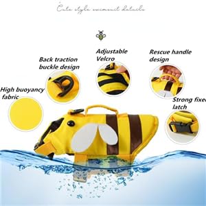 AZA Dog Life Jacket Shark Life Vest with Rescue Handle Cute Bees Costume Girl Adjustable High Buoyancy Swimwear for Small Medium Large Dogs Boy Swimsuit Clothes for Pets (XXS,Bees)