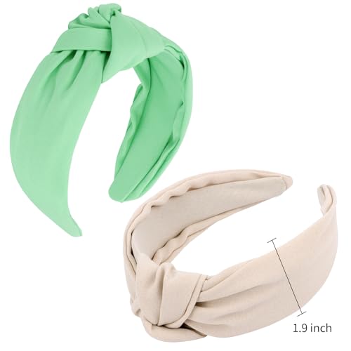 VELSCRUN Green Beige Wide Knotted Headbands for Women Girls Hair 2 Pack Satin Solid Simple Women Fashion Headband Non Slip Head Bands Elastic Hair Band Womens Sisters Hair Accessories