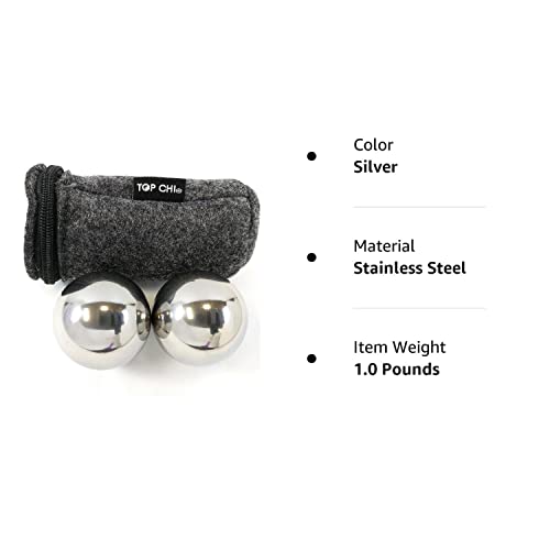 Top Chi 1 lb. 1.5 Inch Solid Stainless Steel Baoding Balls with Carry Pouch. Non-Chiming Chinese Health Balls for Hand Therapy, Exercise, and Stress Relief