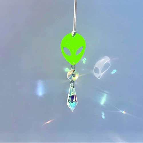 Glow In The Dark Alien Car Charm, Crystal Suncatcher, Auto Rear View Mirror Accessories, New Car Gift, Women Festival Rave Decor, Stoner (Crystal Color - Clear, Alien Style - Glitter)