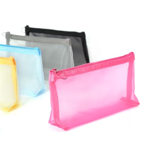 Patu Zipper Mesh Bags, Widened Pencil Case, 5 Pieces, Beauty Makeup Cosmetic Accessories Organizer, Travel Toiletry Kit Set Storage Pouch, Assorted Colors