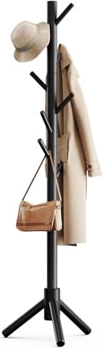 Pipishell Sturdy Wooden Coat Stand, 3 Adjustable Sizes Coat Tree with 8 Hooks, Coat Stands for Hallway Entryway, Hat Stand for Clothes, Used in Bedroom/Office/Hallway/Entryway, Black