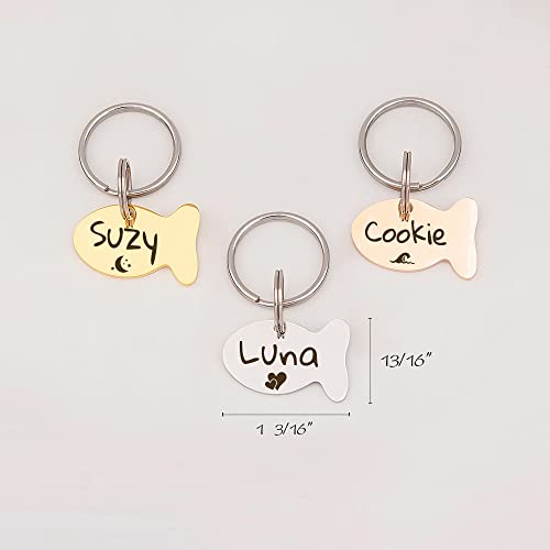 Anavia Cat Head & Fish Shape Pet ID Tags, Personalized Funny Icon Design Cat Name Tag, Customized Gold Plated Glossy Stainless Steel Black Rainbow Cat Dog Collar Tag (Small, Fish Shape, Gold)