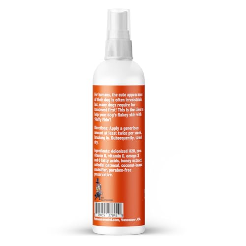 Dog Dandruff Treatment & Dry Skin Relief Dog Spray - Fluffy Fido Unscented No Rinse Pet Dander Spray with Vitamin B, Omega 3 & 6 & Honey Extract - 7 fl. oz.