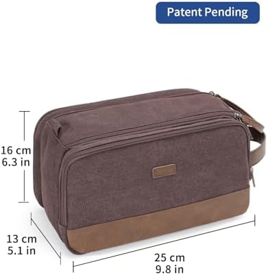 WANDF Toiletry Bag for Men Travel Toiletry Organizer Canvas and Leather Dopp Kit Water-Resistant Shaving Bag for Travel Accessories (Brown, Patent Pending)