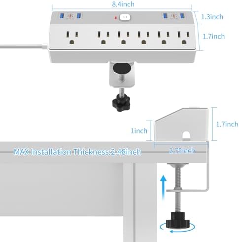 Desk Clamp Power Strip Tall, 40W Fast Charging Station,Desk Mount Desk Shelf with 6 Outlets 6USB Ports (2USB C), 10Ft Extension Cord Desk Accessories Home Office Essentials, Fit 2.48" Tabletop Edge