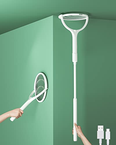 Rotating Head Rechargeable Electric Fly Swatter Racket Bug Zapper Racket Mosquito Zapper Indoor Bug Zapper Fruit Fly Zapper Spider Killer Gnat Trap Wasp Catcher, with a Telescopic Extension Wand